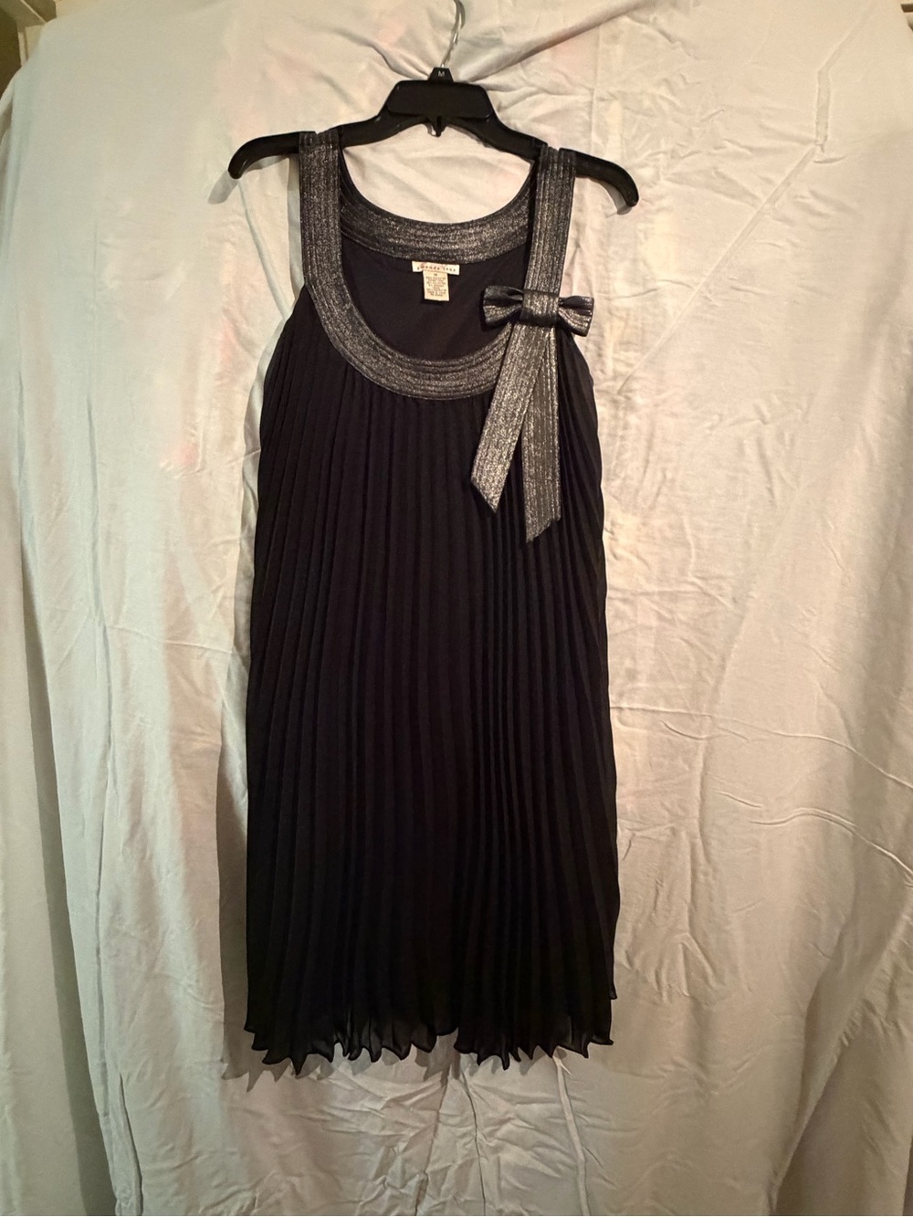 Black Pleated Sleeveless Dress with Silver Trim and Bow